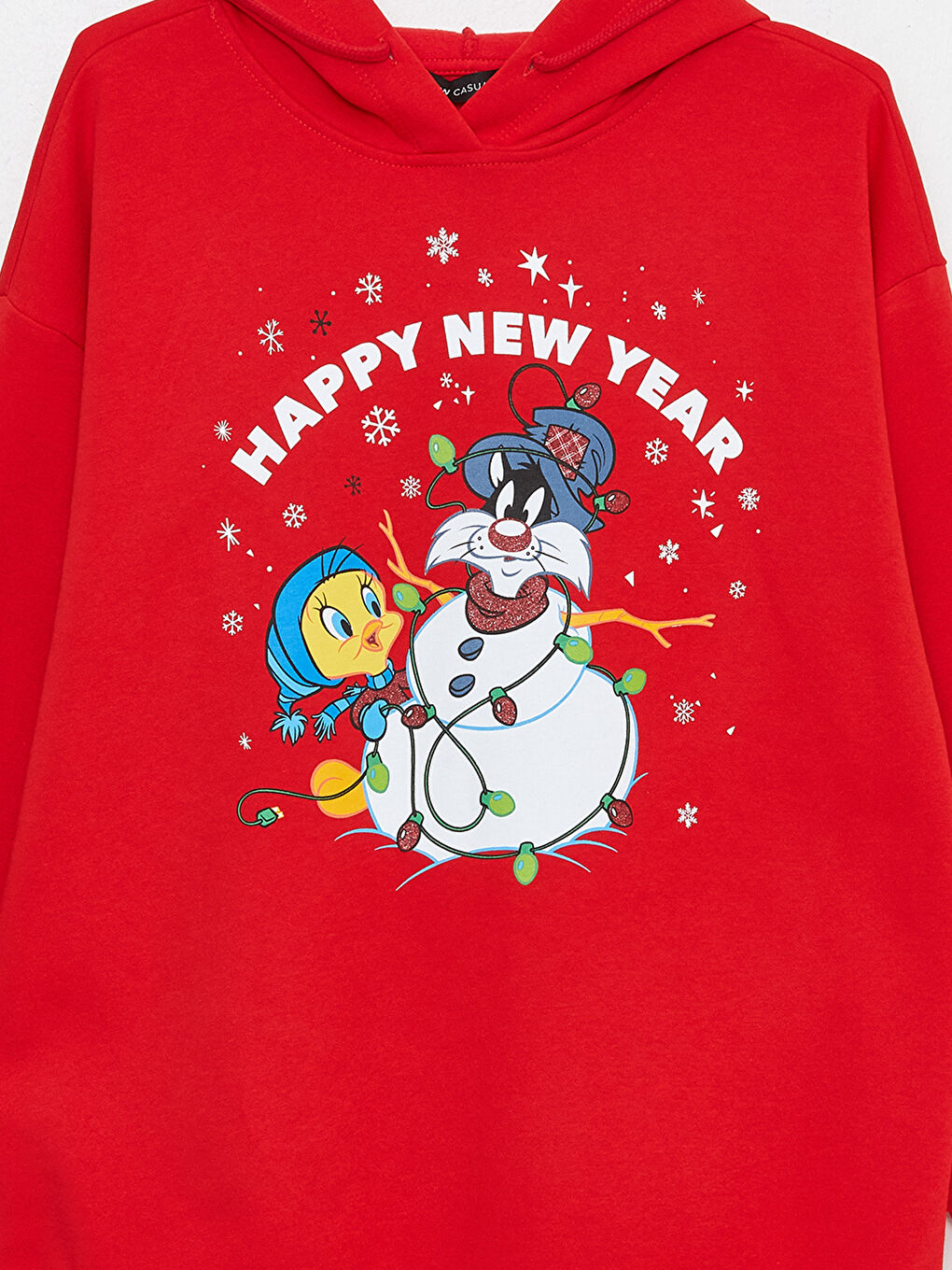 LCW Vision Canlı Kırmızı Yılbaşı Temalı Sylvester ve Tweety Baskılı Kadın Kalın Hoodie - 7