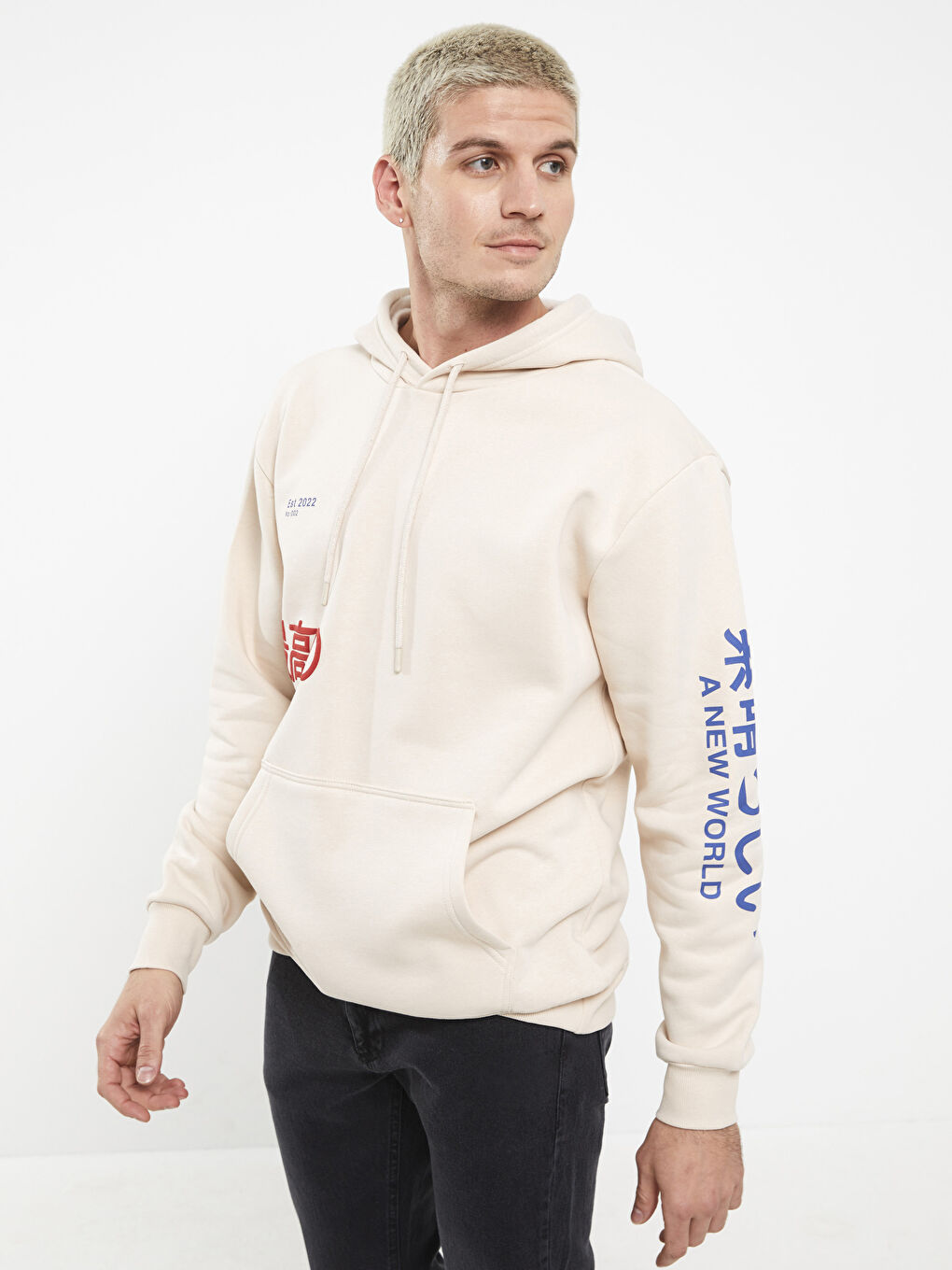 XSIDE Bej Uzun Kollu Baskılı Erkek Kalın Hoodie - 1