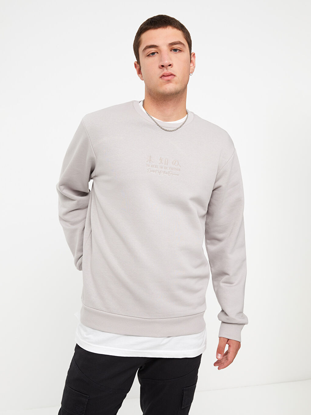 XSIDE Gri Bisiklet Yaka Uzun Kollu Baskılı Erkek Kalın Sweatshirt - 1