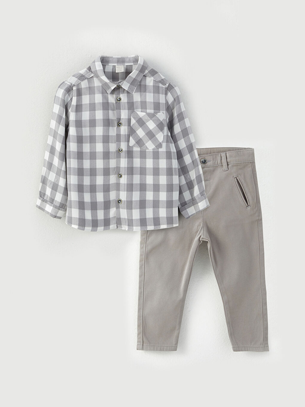 Gri Uzun Kollu Ekose Desenli Erkek Bebek Gömlek ve Pantolon 2'li Takım