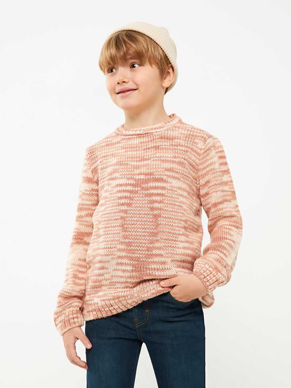 Turuncu Bisiklet Yaka Kendinden Desenli Uzun Kollu Erkek Çocuk Kazak-1