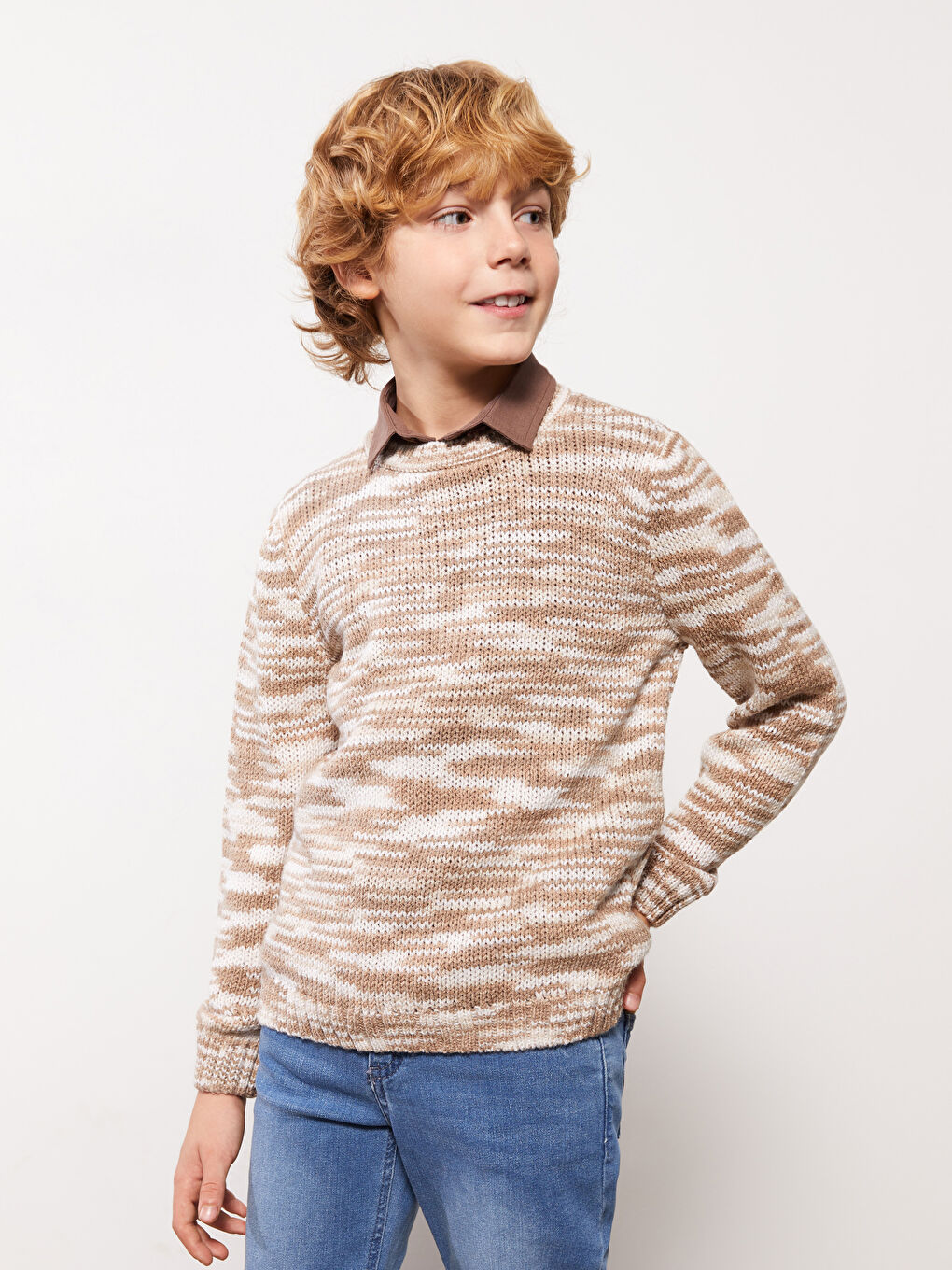 Kahverengi Bisiklet Yaka Kendinden Desenli Uzun Kollu Erkek Çocuk Kazak