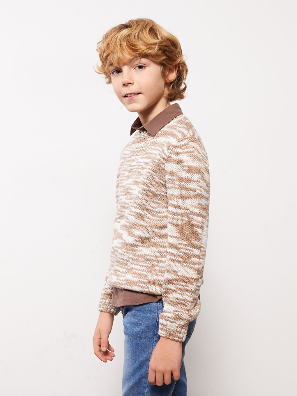 Kahverengi Bisiklet Yaka Kendinden Desenli Uzun Kollu Erkek Çocuk Kazak-1