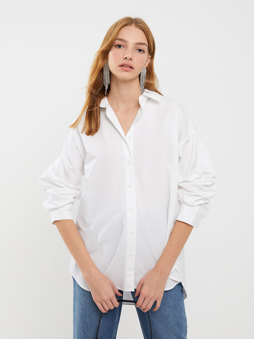 Beyaz Poplin Kadın Gömlek-1
