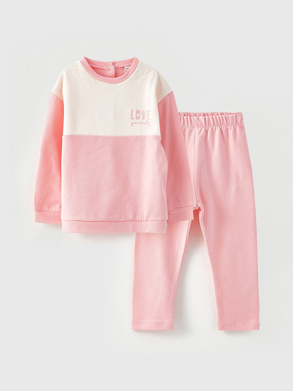 LCW baby Pembe Bisiklet Yaka Uzun Kollu Baskılı Kız Bebek Sweatshirt ve Eşofman Alt 2'li Takım