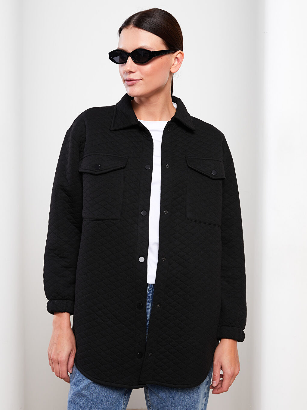 Siyah Kendinden Desenli Uzun Kollu Kadın Gömlek Tunik