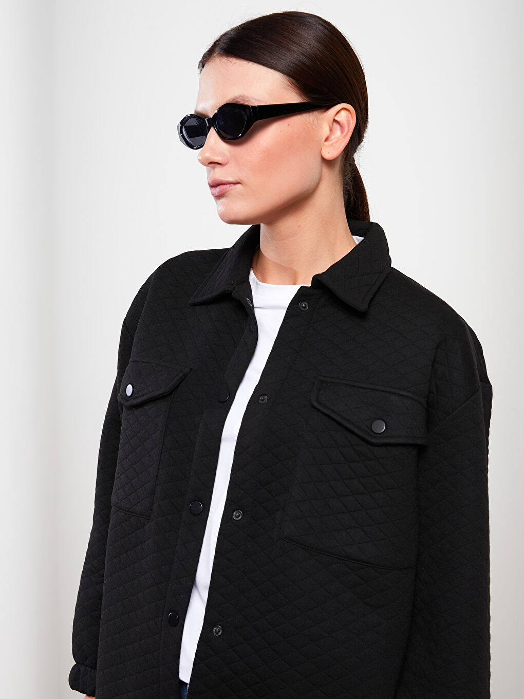 Siyah Kendinden Desenli Uzun Kollu Kadın Gömlek Tunik-1