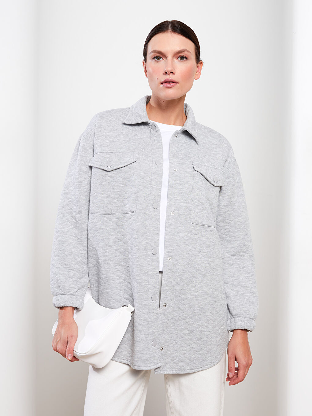 Gri Kendinden Desenli Uzun Kollu Kadın Gömlek Tunik