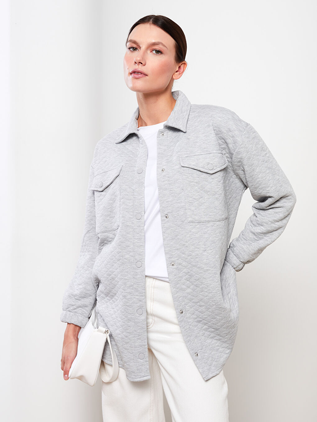 Gri Kendinden Desenli Uzun Kollu Kadın Gömlek Tunik-1