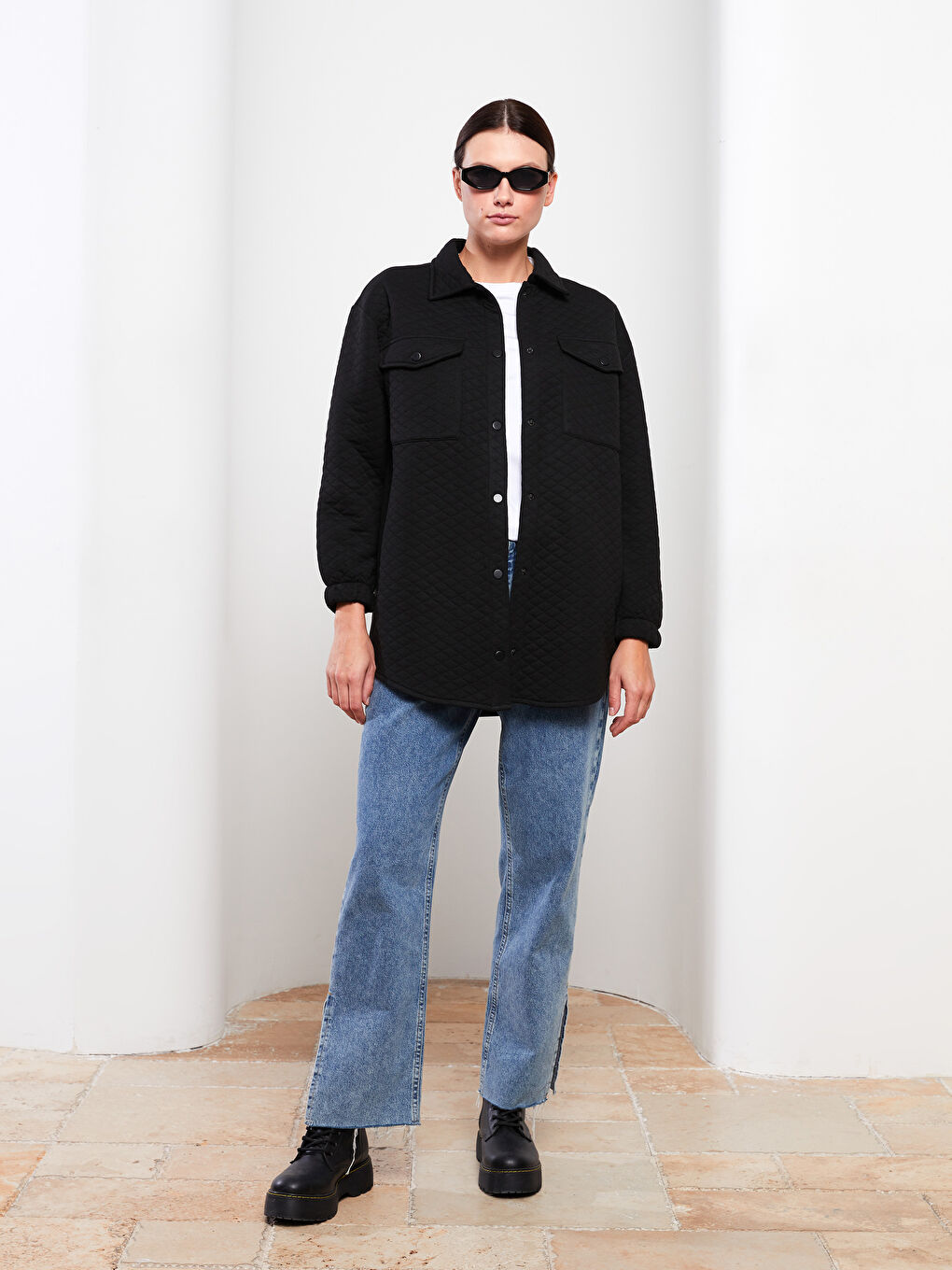 Siyah Kendinden Desenli Uzun Kollu Kadın Gömlek Tunik-2