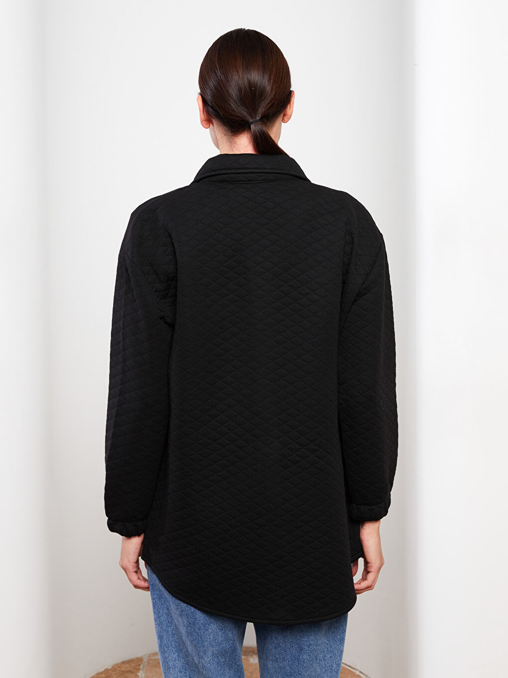 Siyah Kendinden Desenli Uzun Kollu Kadın Gömlek Tunik-4