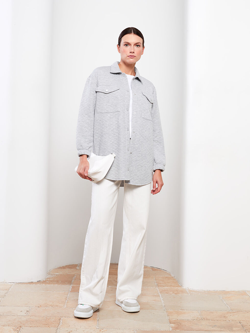 Gri Kendinden Desenli Uzun Kollu Kadın Gömlek Tunik-2