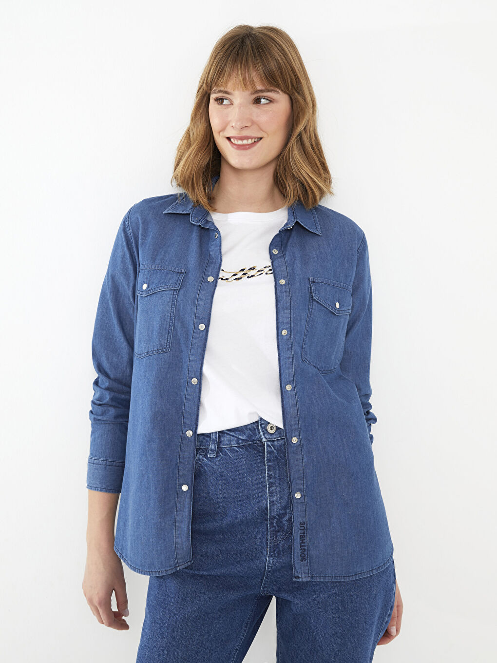 Plain Long Sleeve Women's Denim Shirt