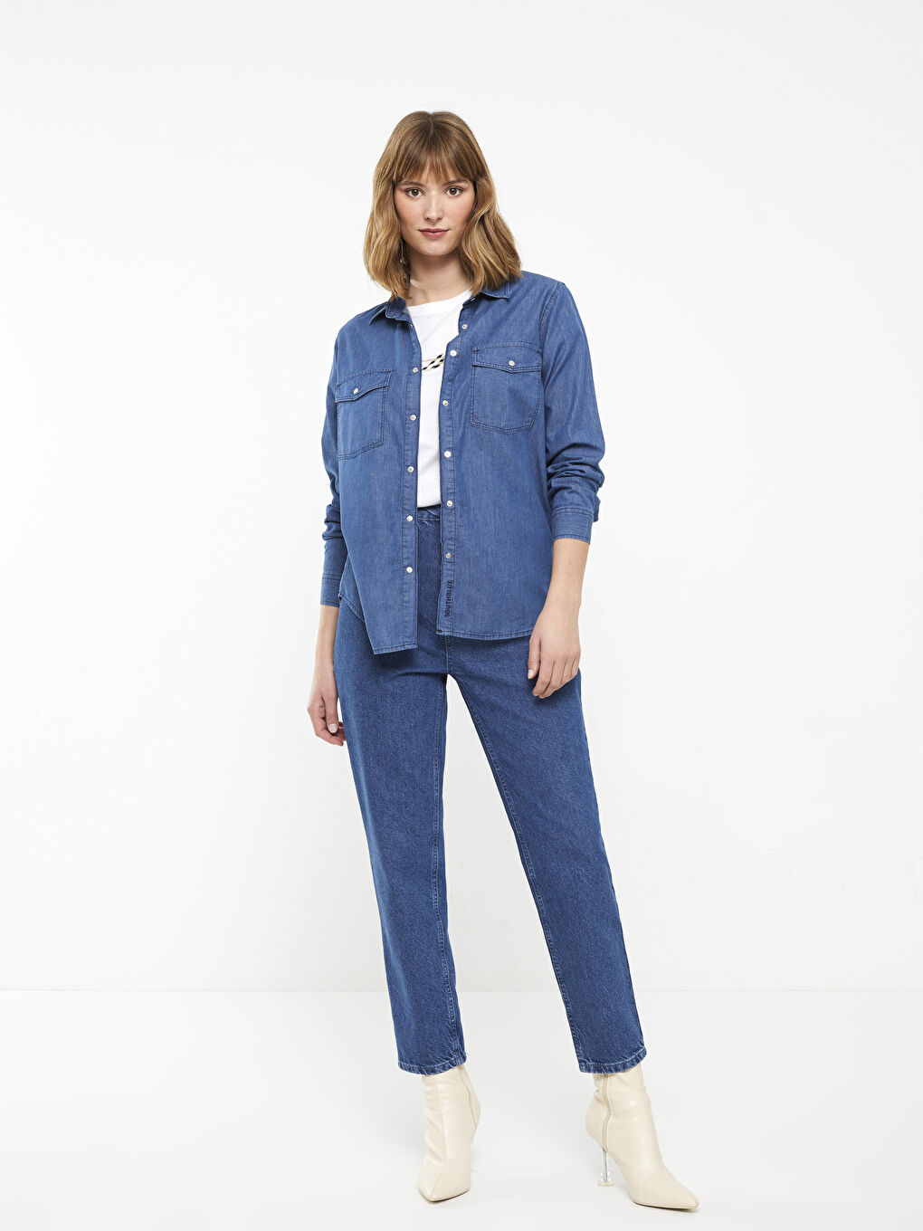 Plain Long Sleeve Women's Denim Shirt-2