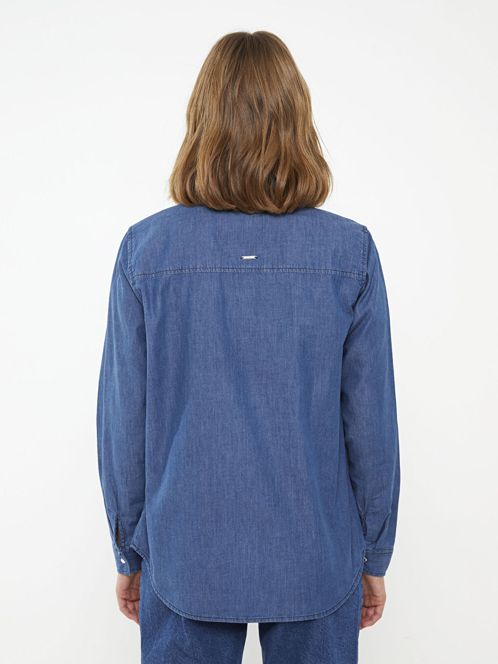 Plain Long Sleeve Women's Denim Shirt-4