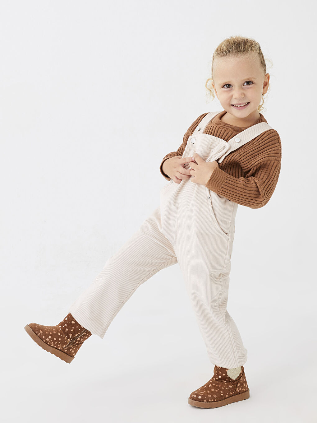 Bej Kare Yaka Basic Kadife Kız Bebek Tulum Salopet Anne Kız Kombini-1