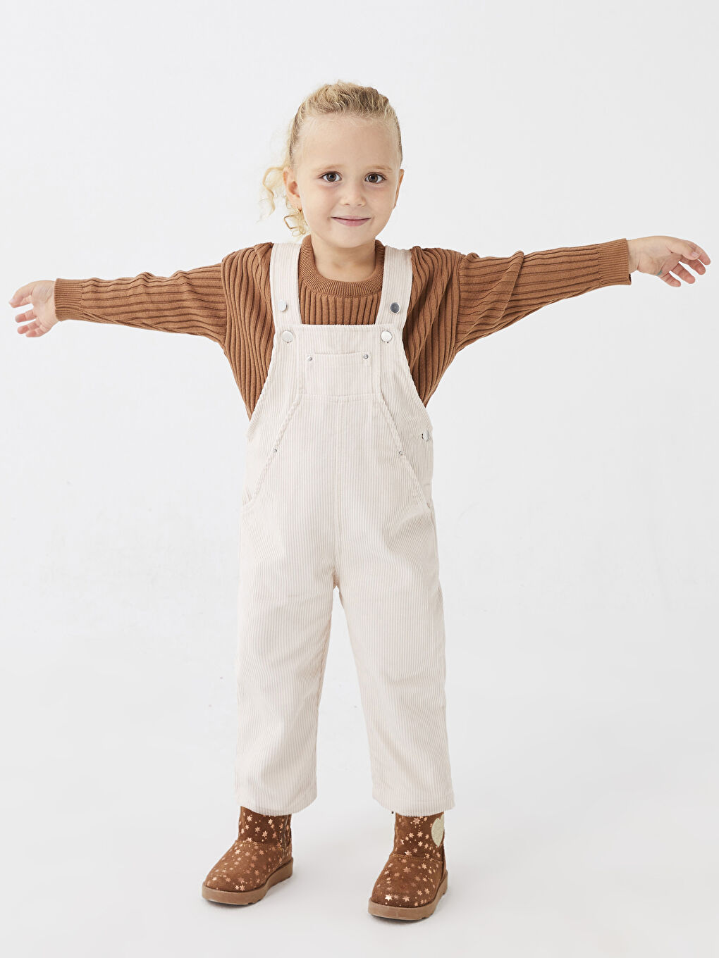 Bej Kare Yaka Basic Kadife Kız Bebek Tulum Salopet Anne Kız Kombini-2