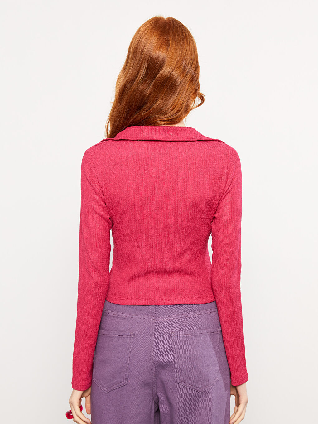 Fuşya Düz Uzun Kollu Kadın Gömlek-4