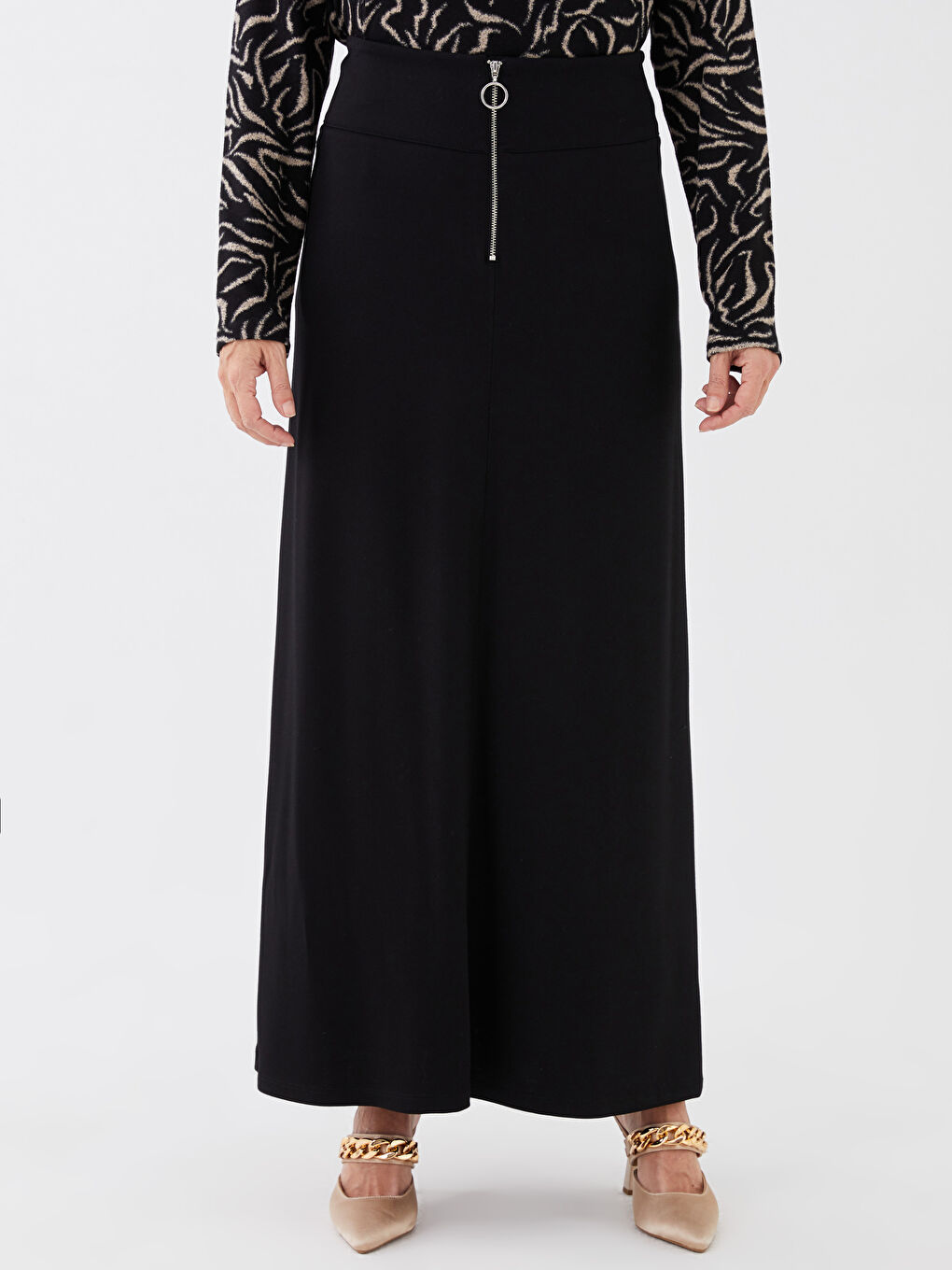 Siyah Beli Fermuarlı Düz Ponte Kadın Etek-2