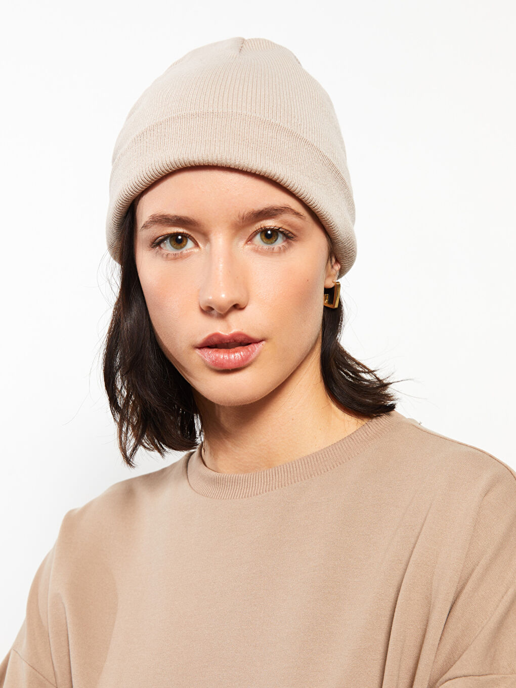 Bej Kadın Düz Triko Bere-1