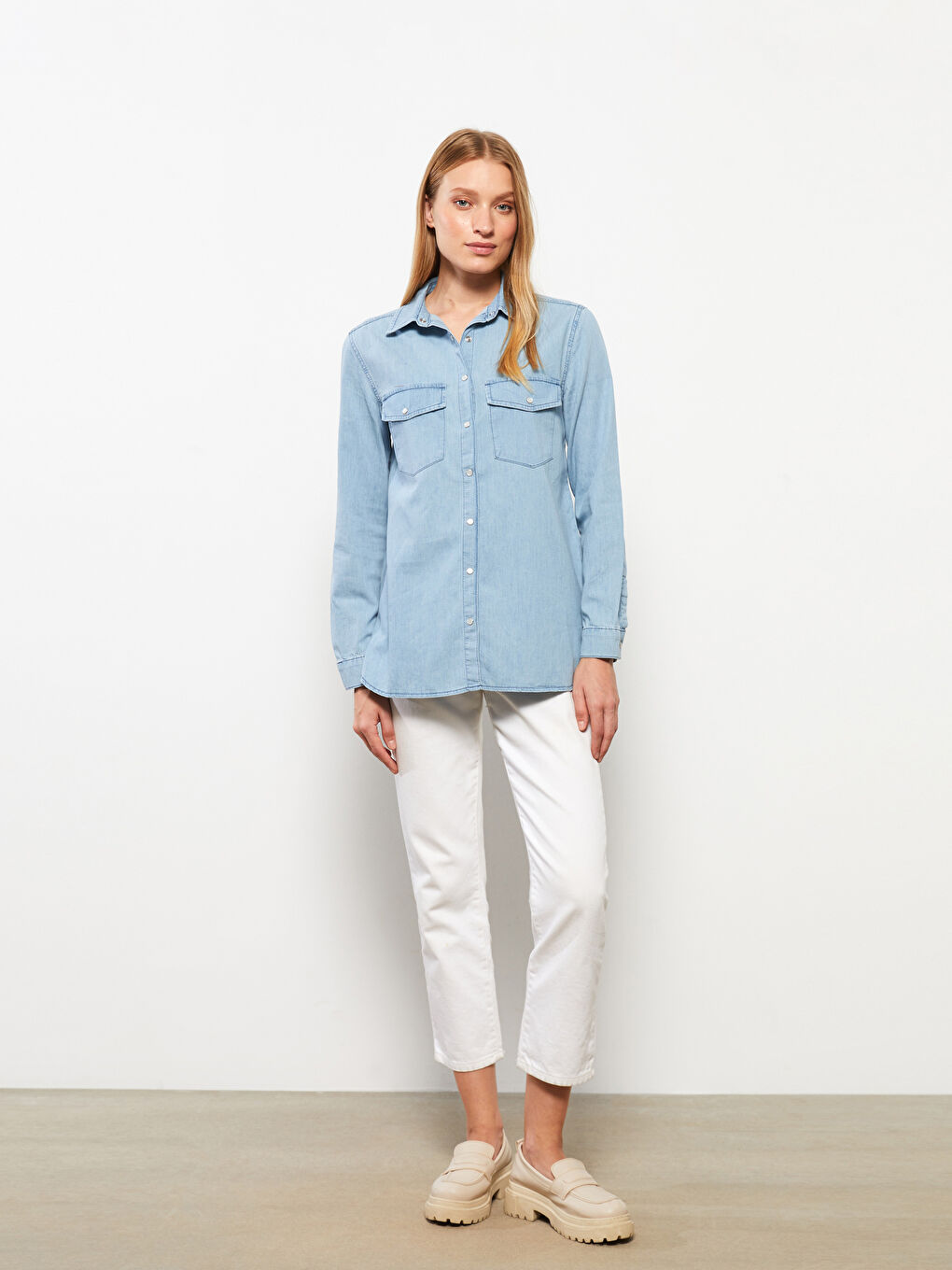 İndigo Düz Uzun Kollu Kadın Jean Gömlek