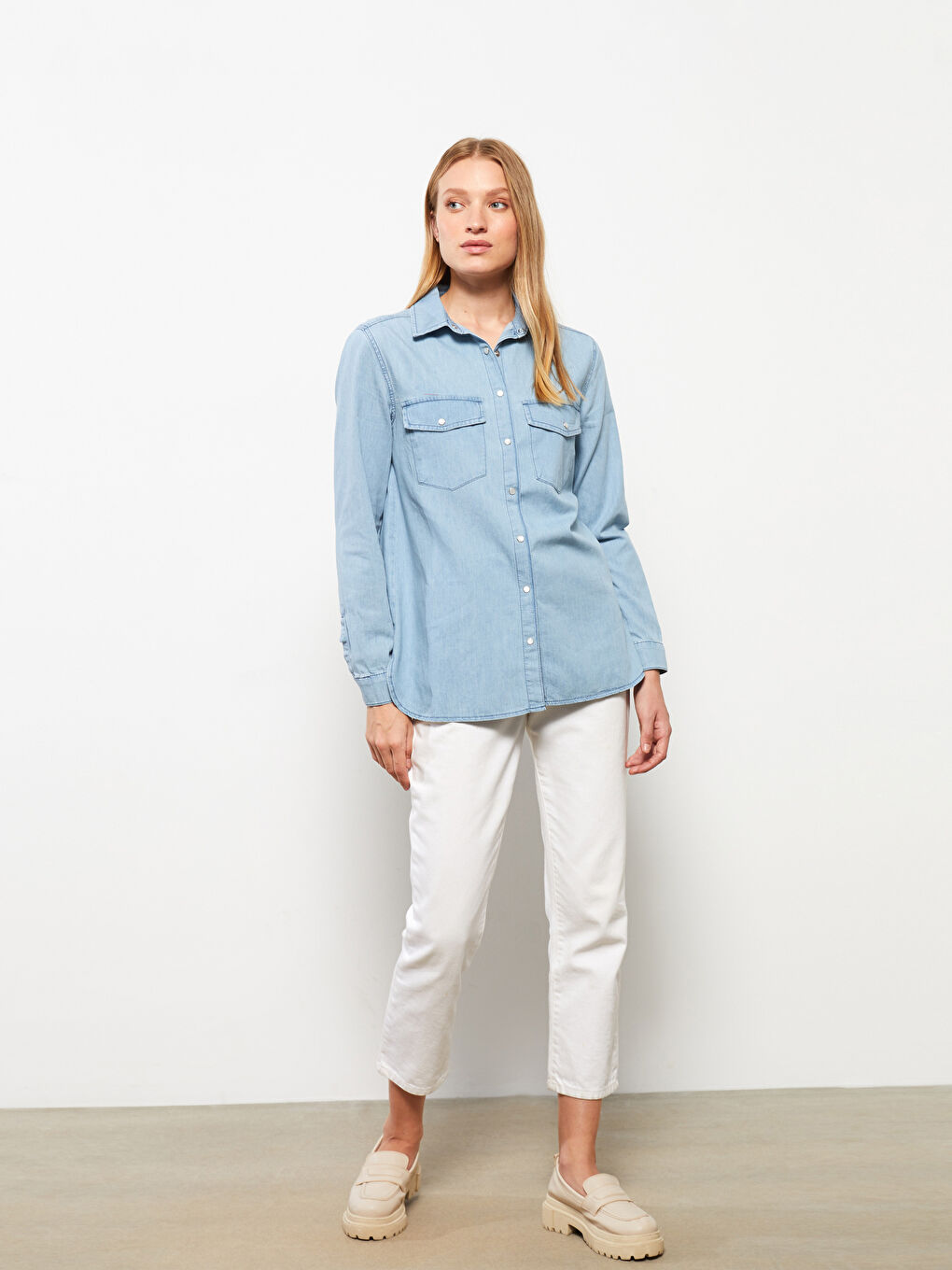 İndigo Düz Uzun Kollu Kadın Jean Gömlek-1