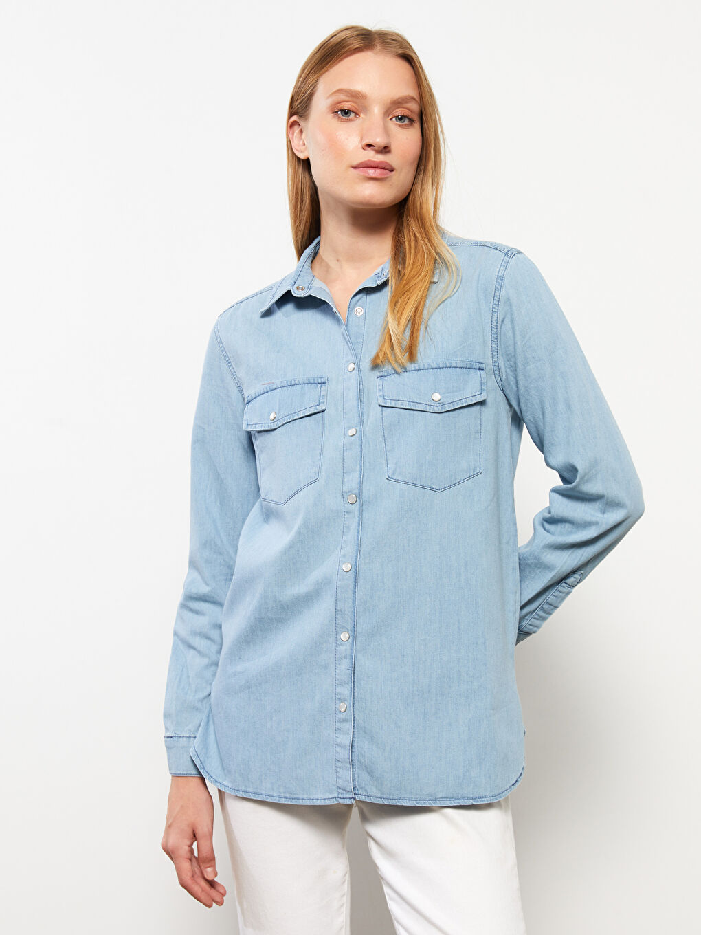 İndigo Düz Uzun Kollu Kadın Jean Gömlek-2