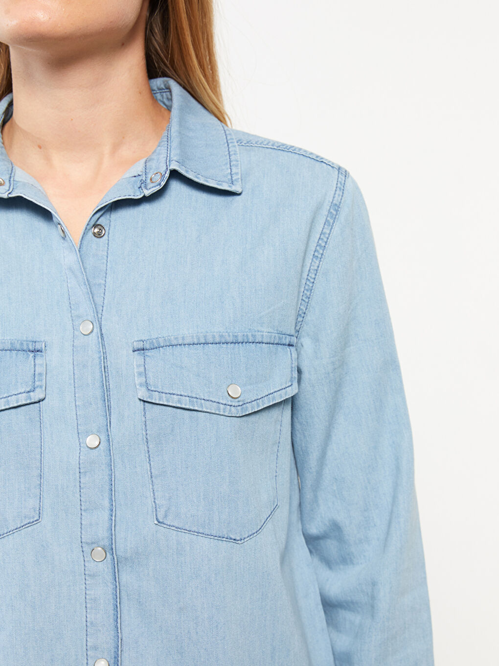 İndigo Düz Uzun Kollu Kadın Jean Gömlek-3
