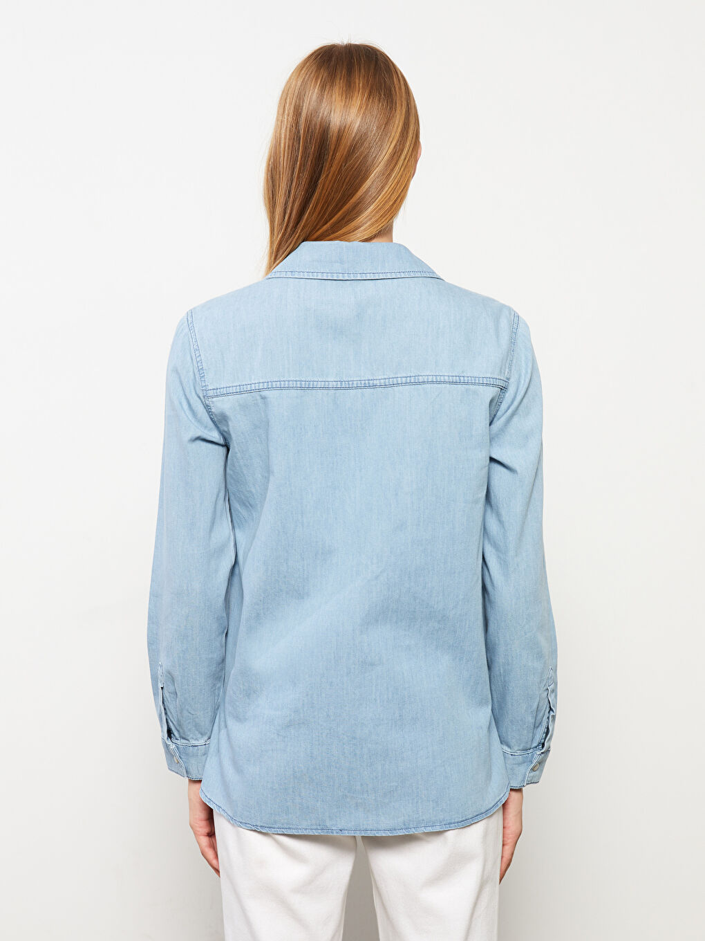 İndigo Düz Uzun Kollu Kadın Jean Gömlek-4