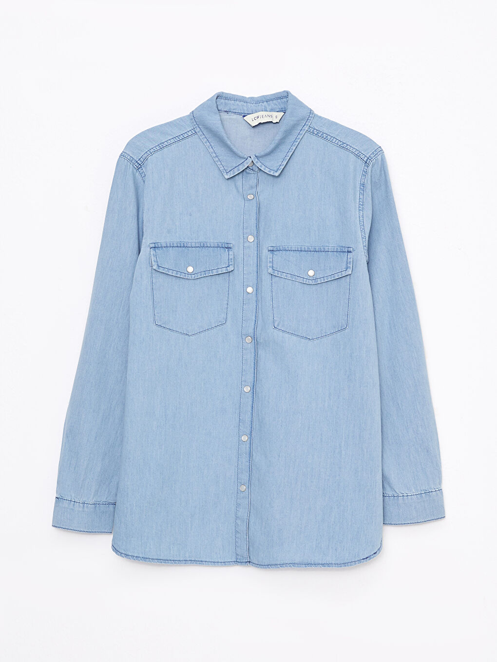 İndigo Düz Uzun Kollu Kadın Jean Gömlek-5