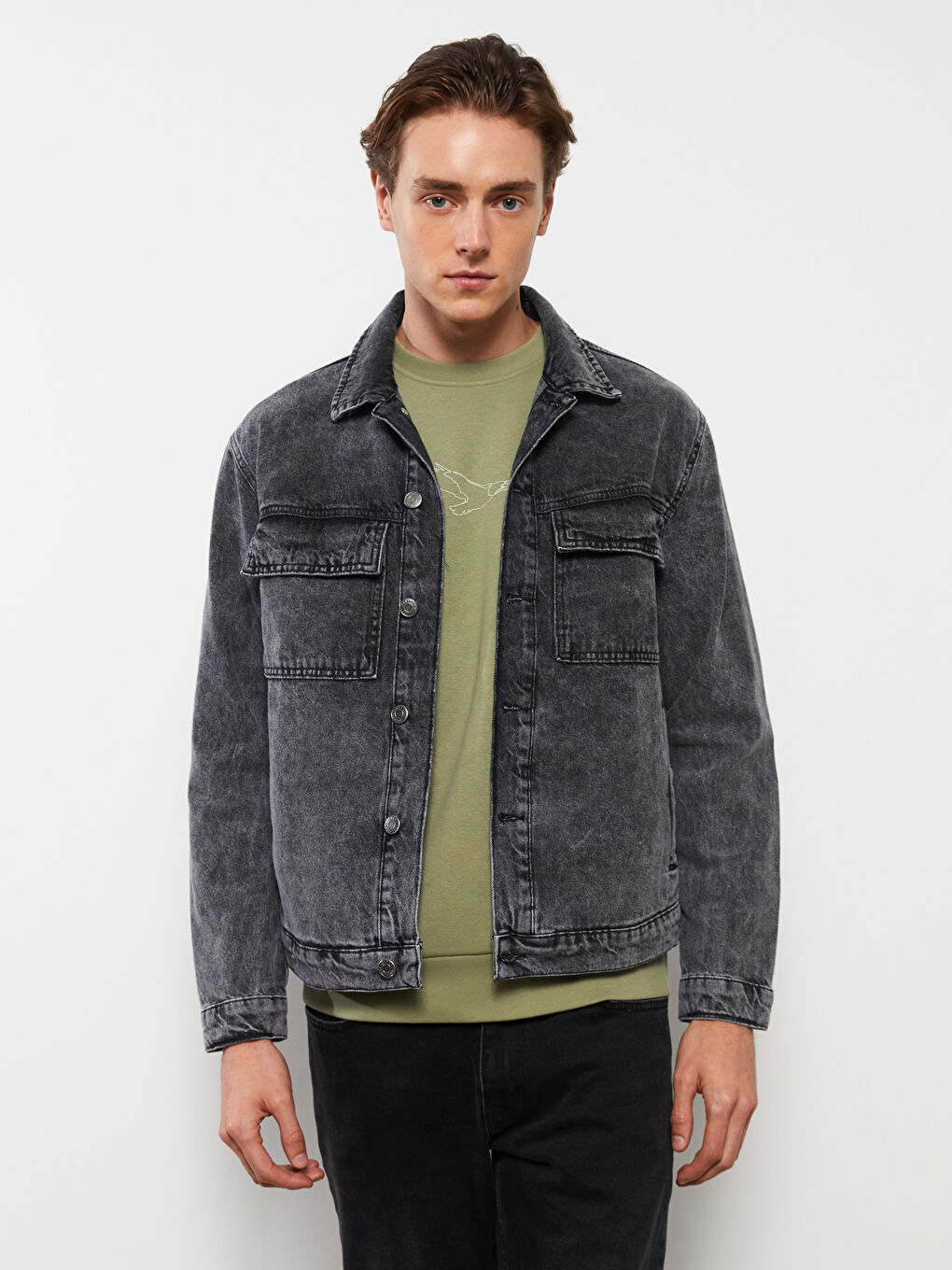 Siyah Standart Kalıp Erkek Jean Ceket-2