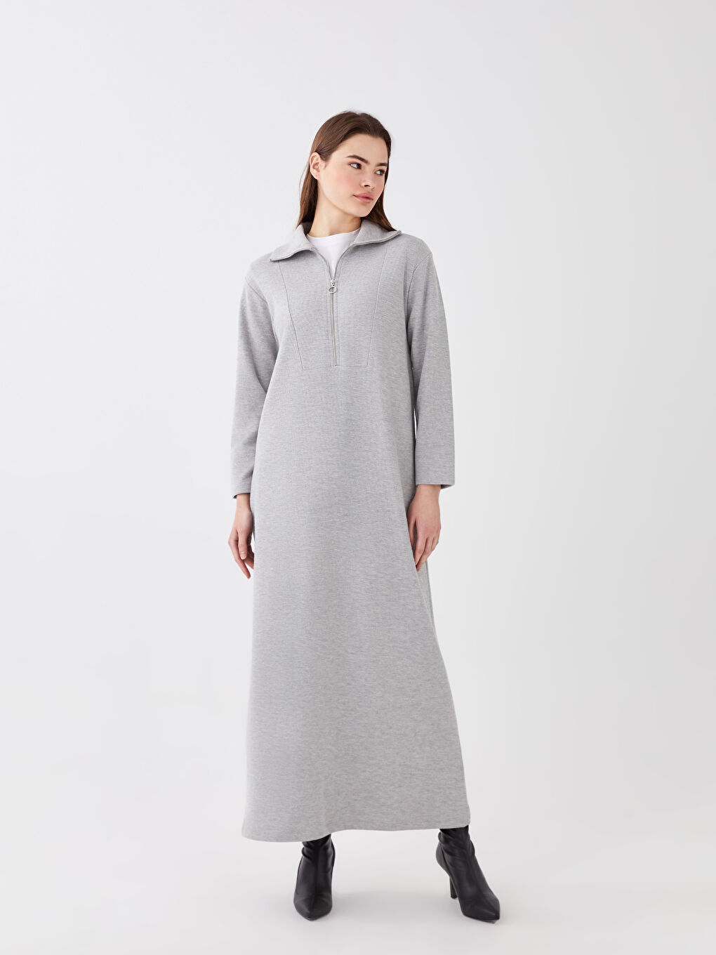 Gri Dik Yaka Düz Uzun Kollu Kadın Sweat Elbise-1