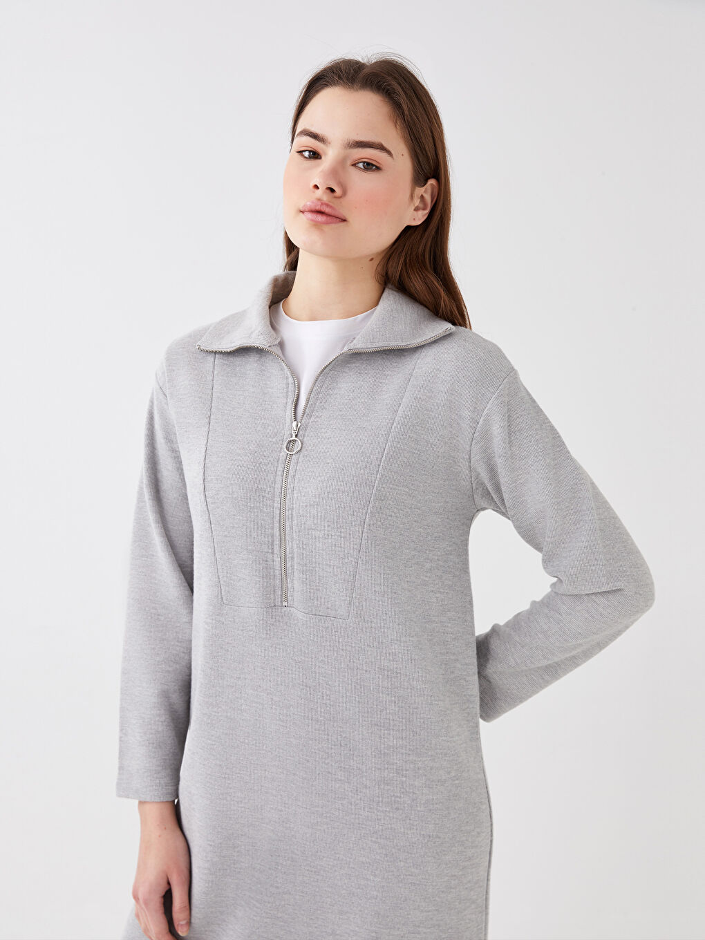 Gri Dik Yaka Düz Uzun Kollu Kadın Sweat Elbise-2