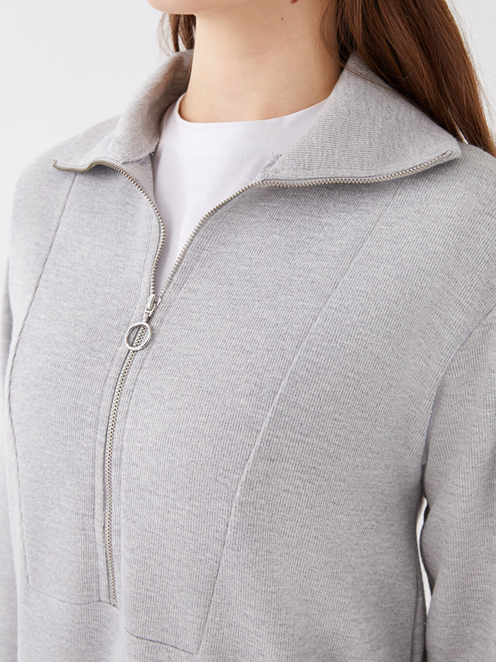 Gri Dik Yaka Düz Uzun Kollu Kadın Sweat Elbise-3