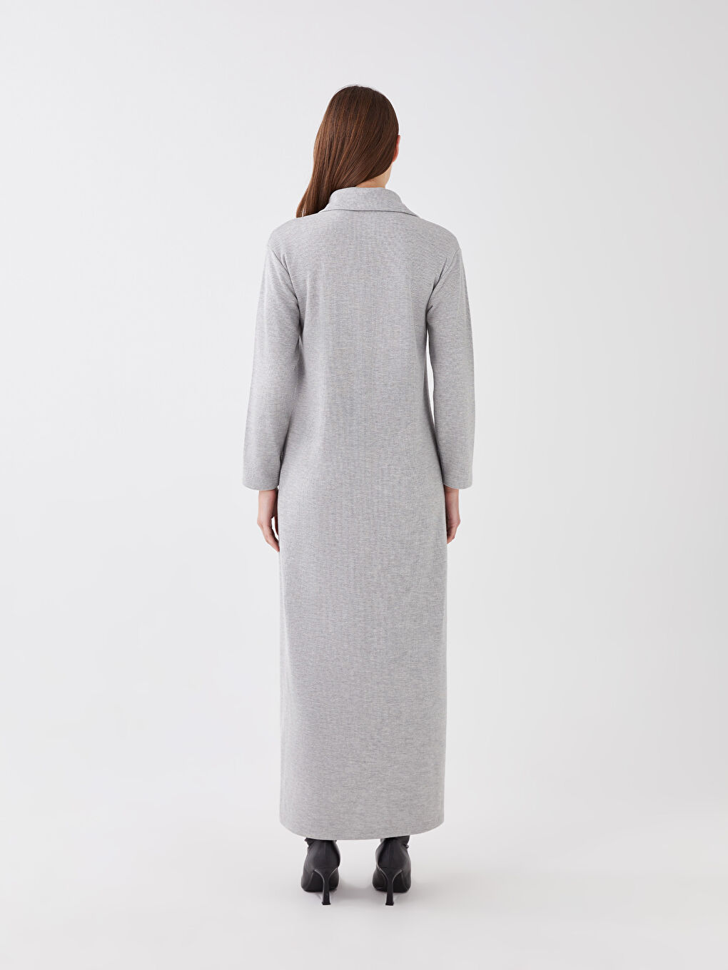 Gri Dik Yaka Düz Uzun Kollu Kadın Sweat Elbise-4