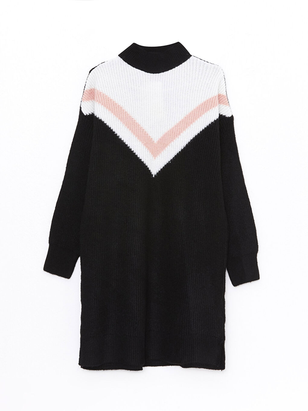 Siyah Dik Yaka Renk Bloklu Uzun Kollu Kadın Triko Tunik-5