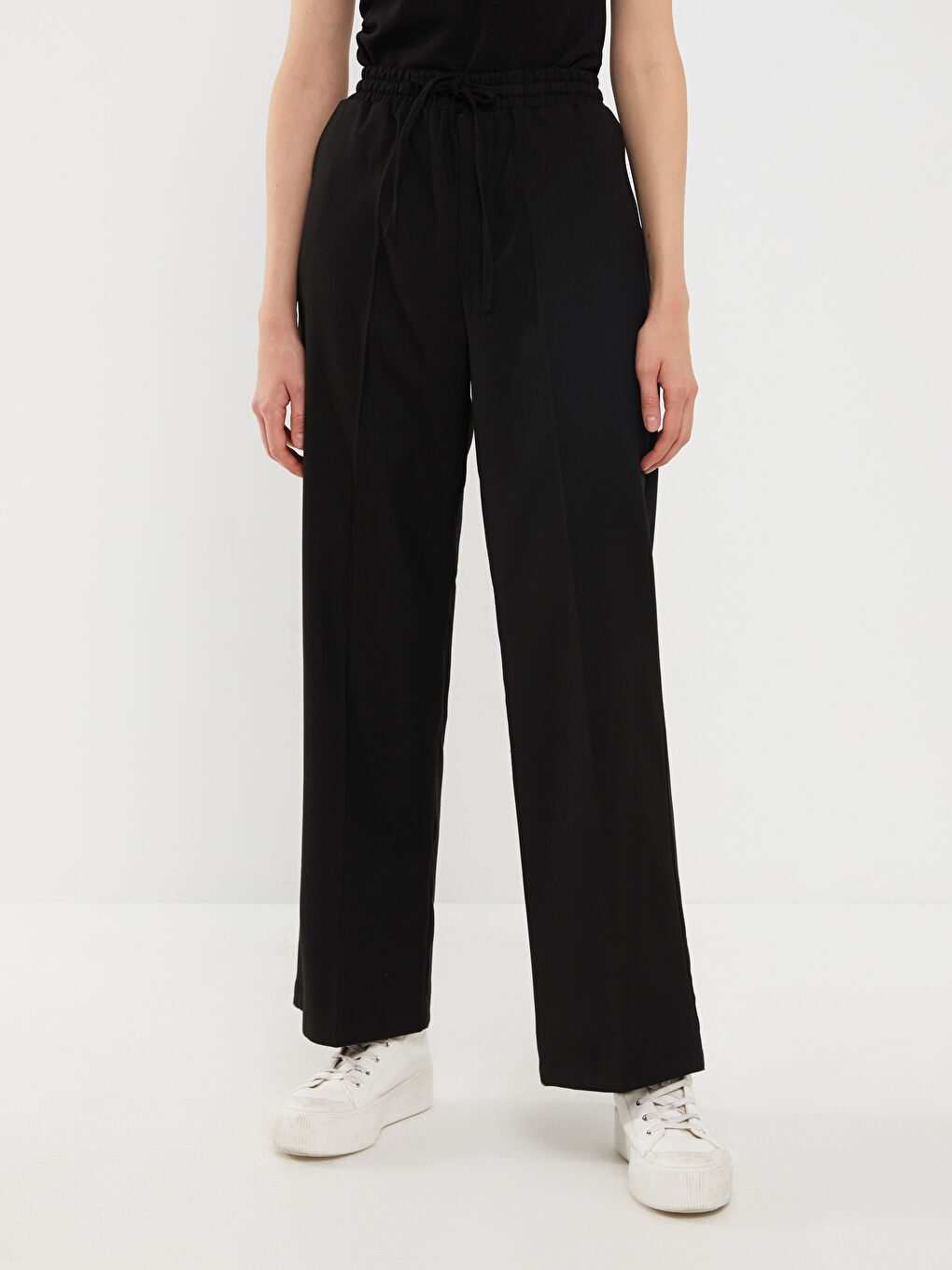 بنطلون سادة بوسط مطاطي بقصة عادية للسيدات-3