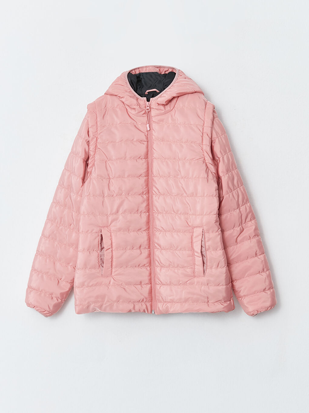 Pembe Kapüşonlu Basic Kız Çocuk Şişme Mont-1