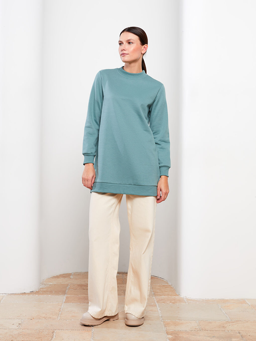 LCW Modest Yeşil Dik Yaka Kadın Sweatshirt Tunik - 2