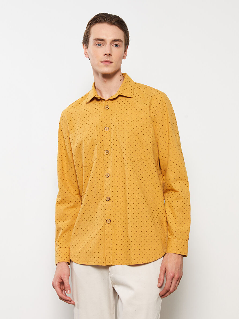 Sarı Regular Fit Uzun Kollu Desenli Erkek Gömlek-1