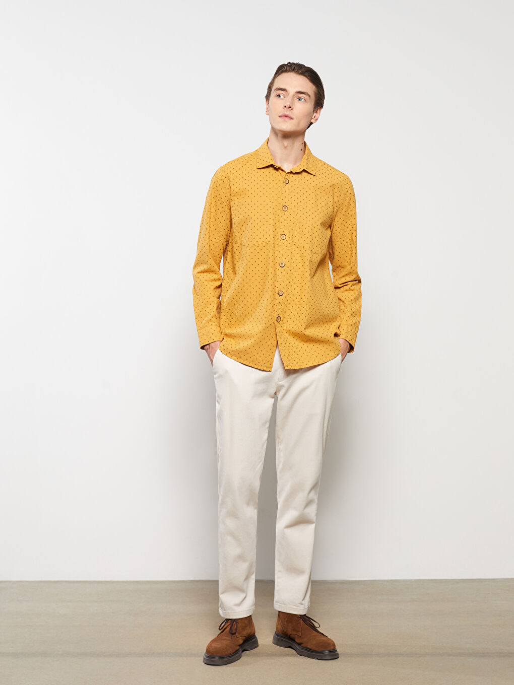 Sarı Regular Fit Uzun Kollu Desenli Erkek Gömlek-2