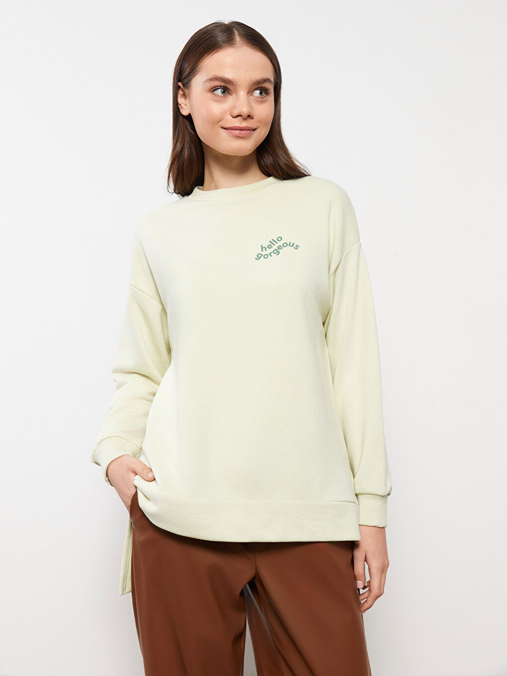 LCW Modest Yeşil Bisiklet Yaka Baskılı Uzun Kollu Kadın Sweatshirt Tunik - 1