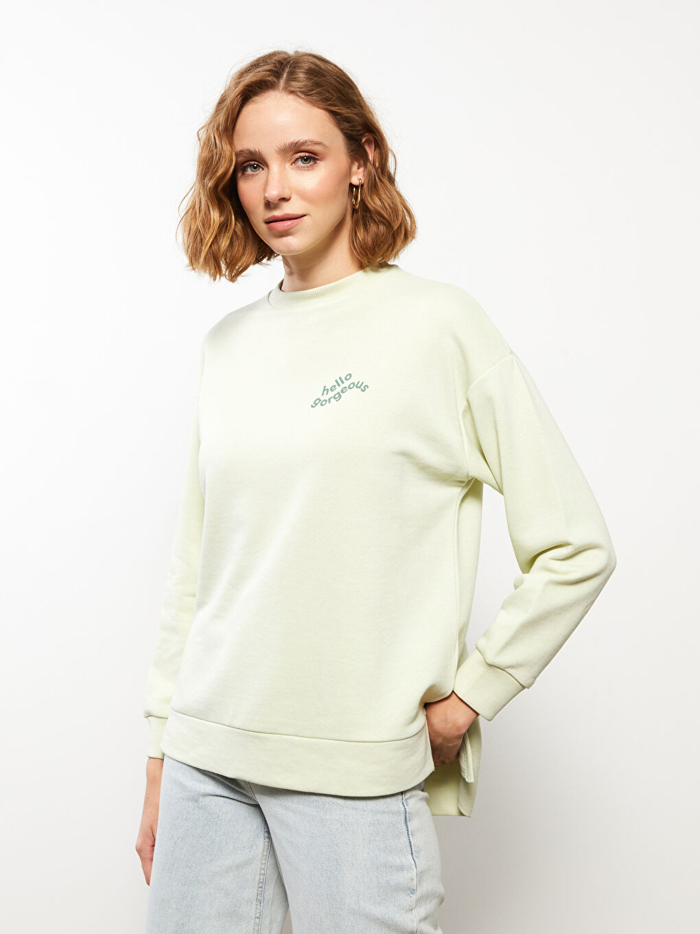 LCW Modest Yeşil Bisiklet Yaka Baskılı Uzun Kollu Kadın Sweatshirt Tunik