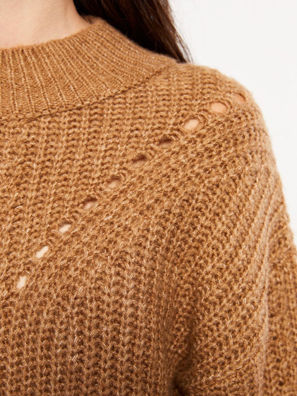 Kahverengi Bisiklet Yaka Kendinden Desenli Uzun Kollu Kadın Triko Kazak-3