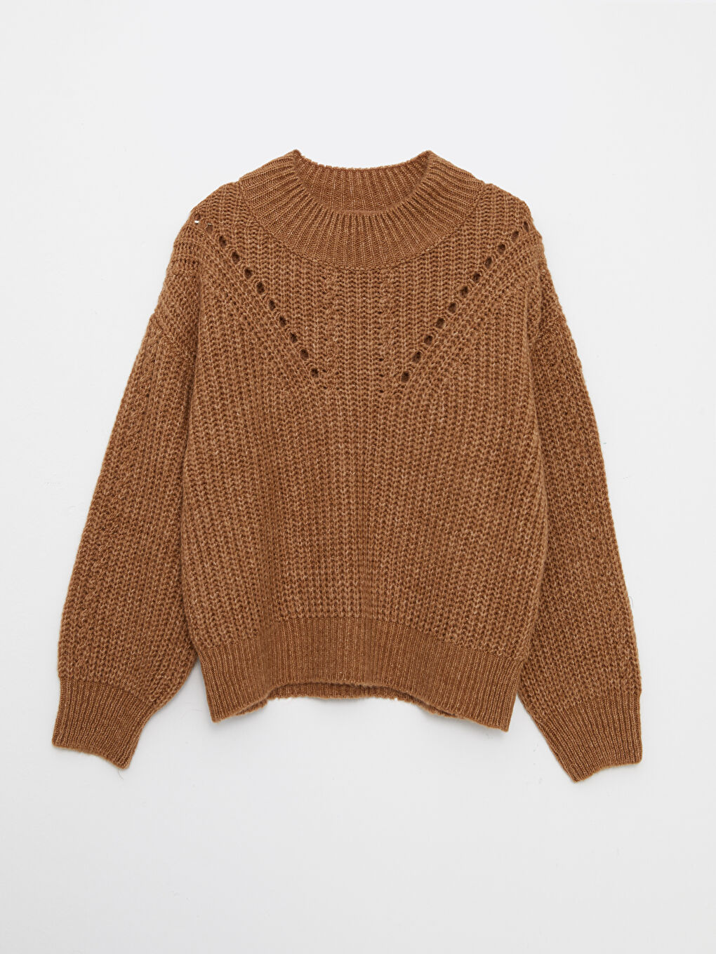 Kahverengi Bisiklet Yaka Kendinden Desenli Uzun Kollu Kadın Triko Kazak-5