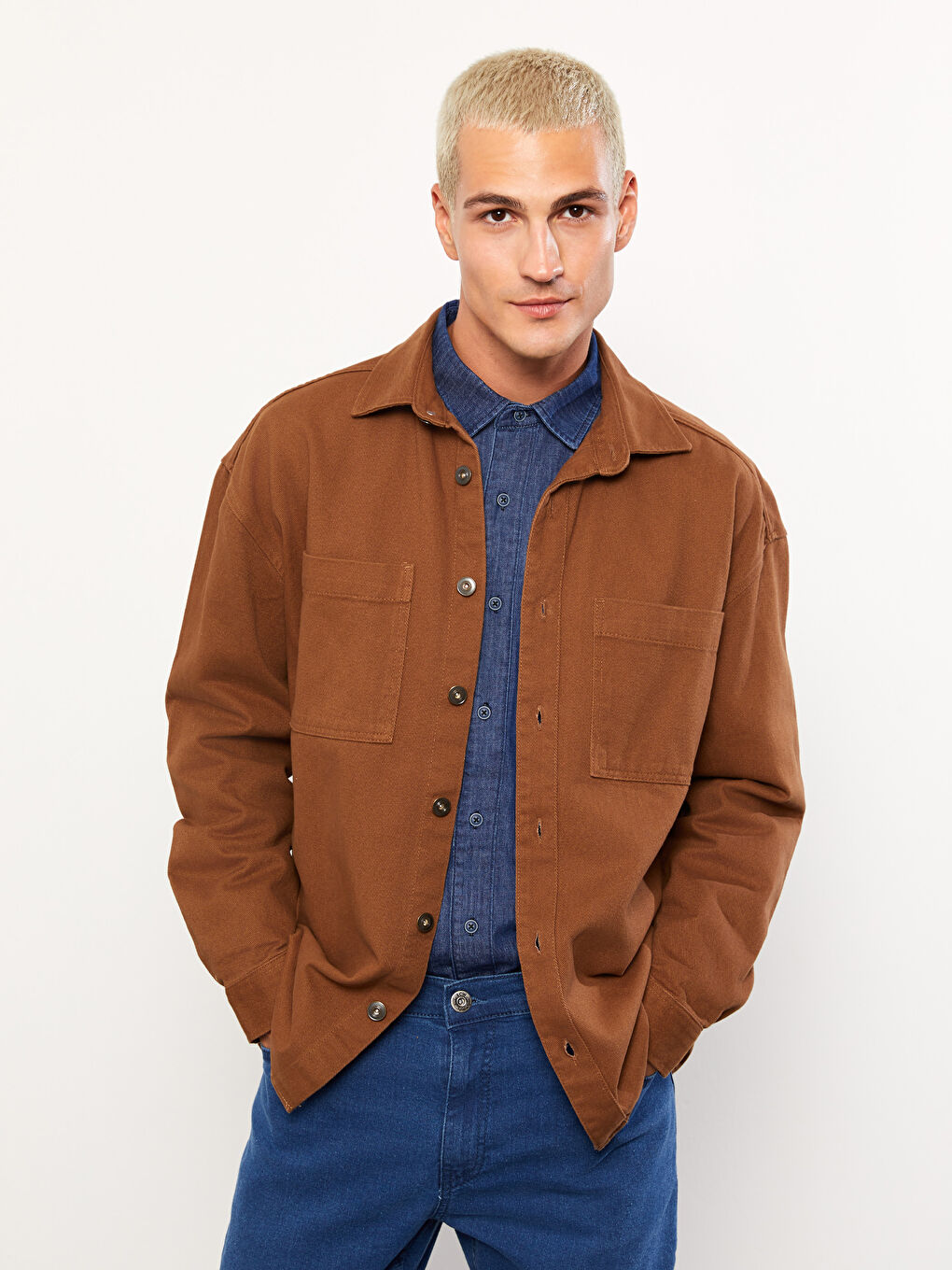 جاكيت قميص تويل كم طويل واسع للرجال