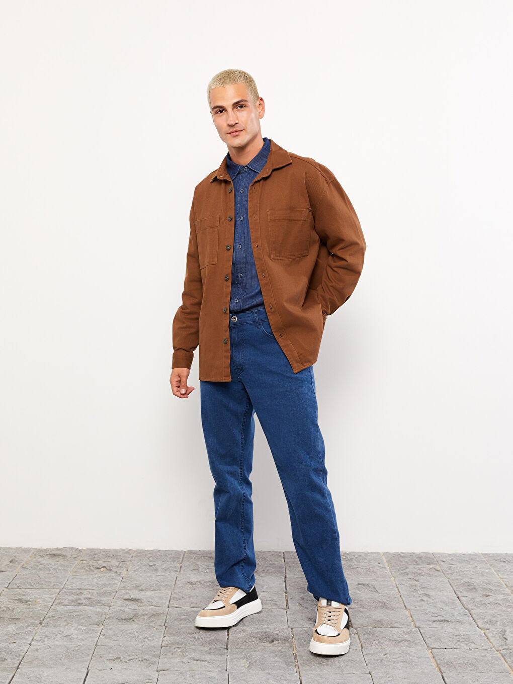 جاكيت قميص تويل كم طويل واسع للرجال-2