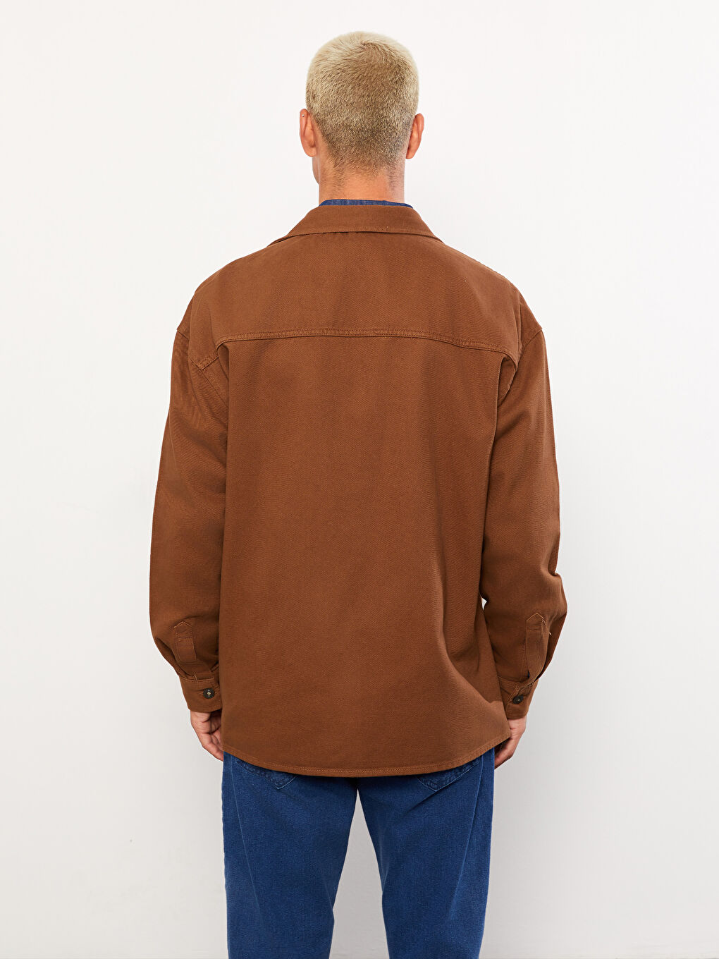 جاكيت قميص تويل كم طويل واسع للرجال-4