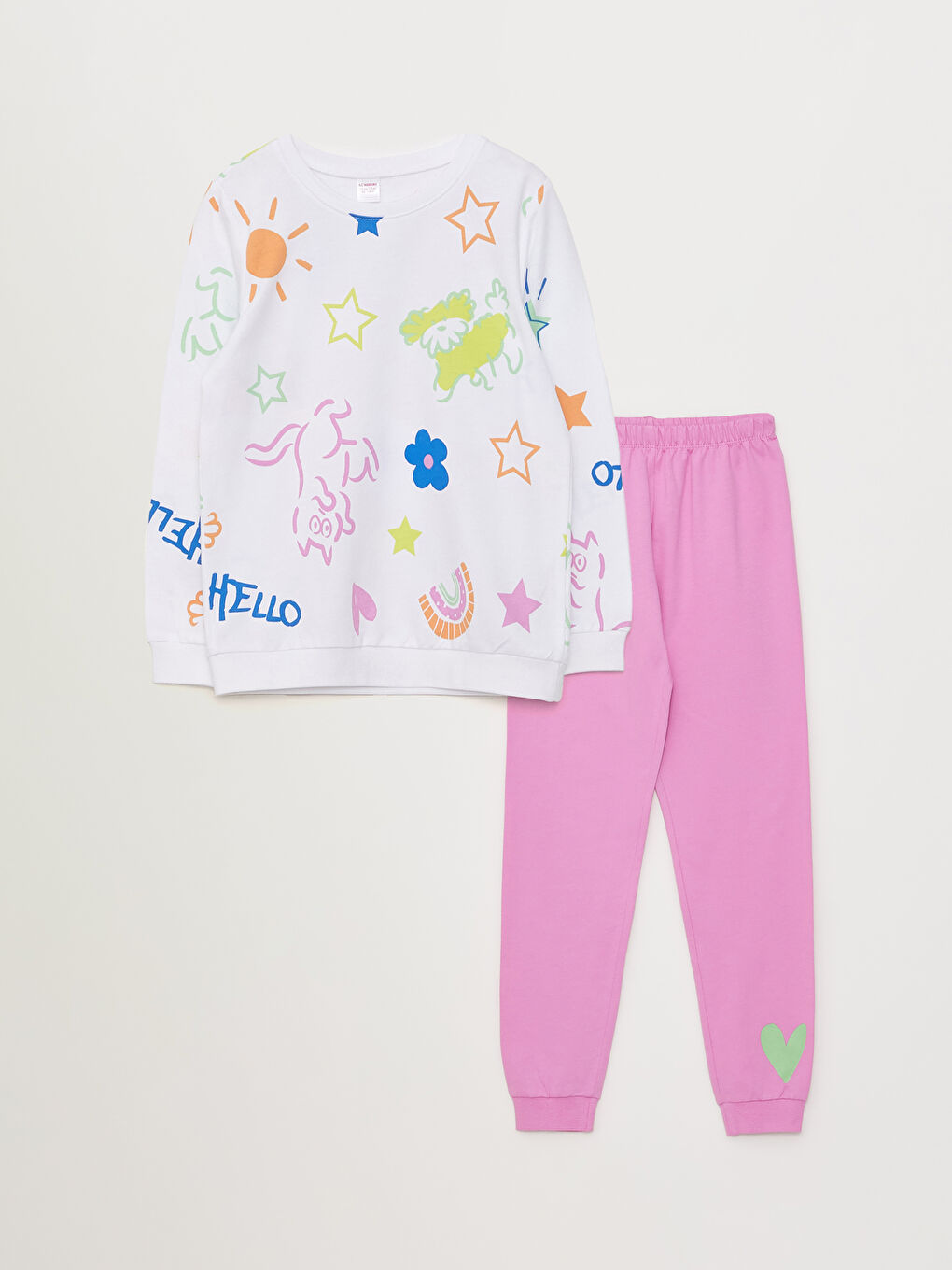 Beyaz Bisiklet Yaka Baskılı Uzun Kollu Kız Çocuk Pijama Takımı