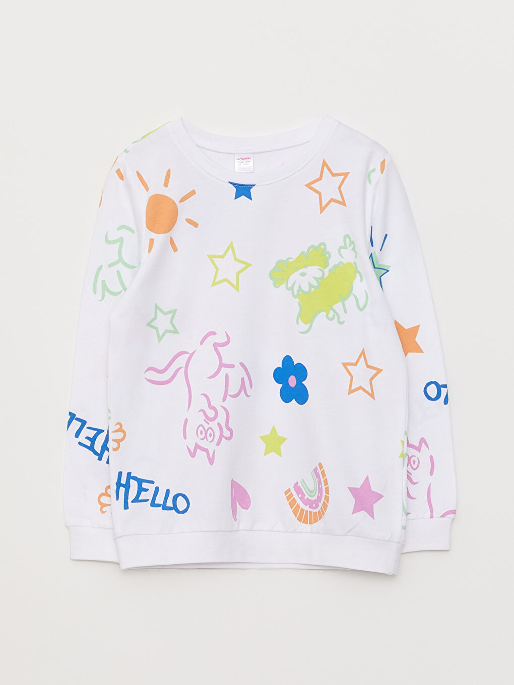 Beyaz Bisiklet Yaka Baskılı Uzun Kollu Kız Çocuk Pijama Takımı-1